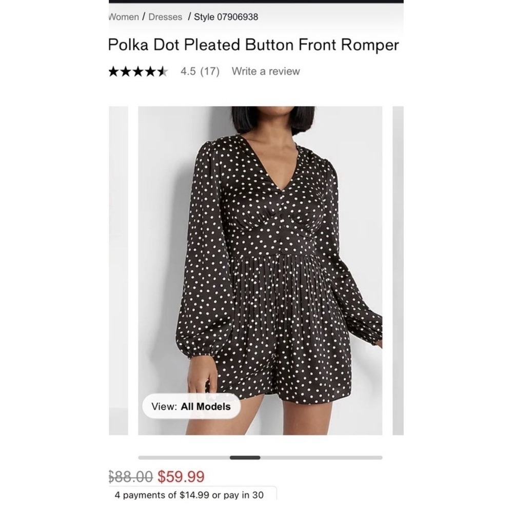 Express Black and White Polka Dot Tie Smocked Romper Balloon Sleeve‎ V Neck XL